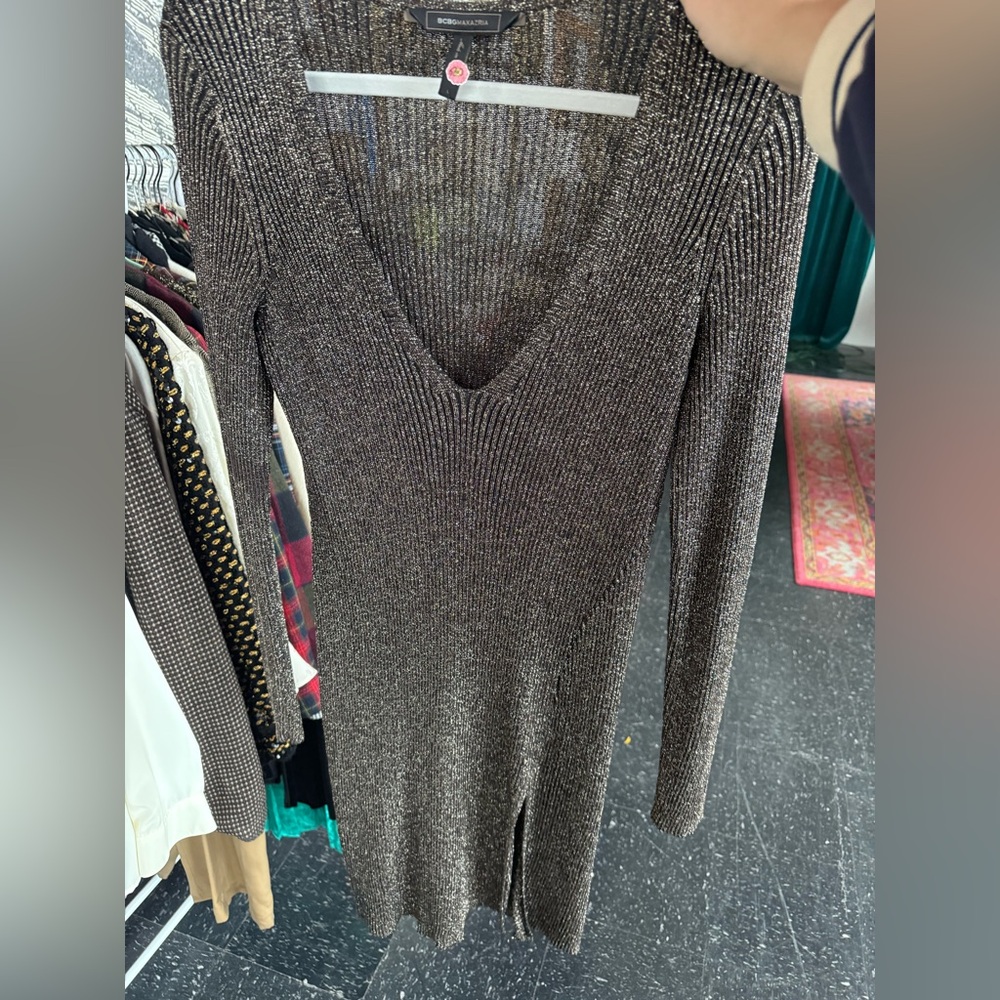 BCBG Metallic Knit V-Neck Dress